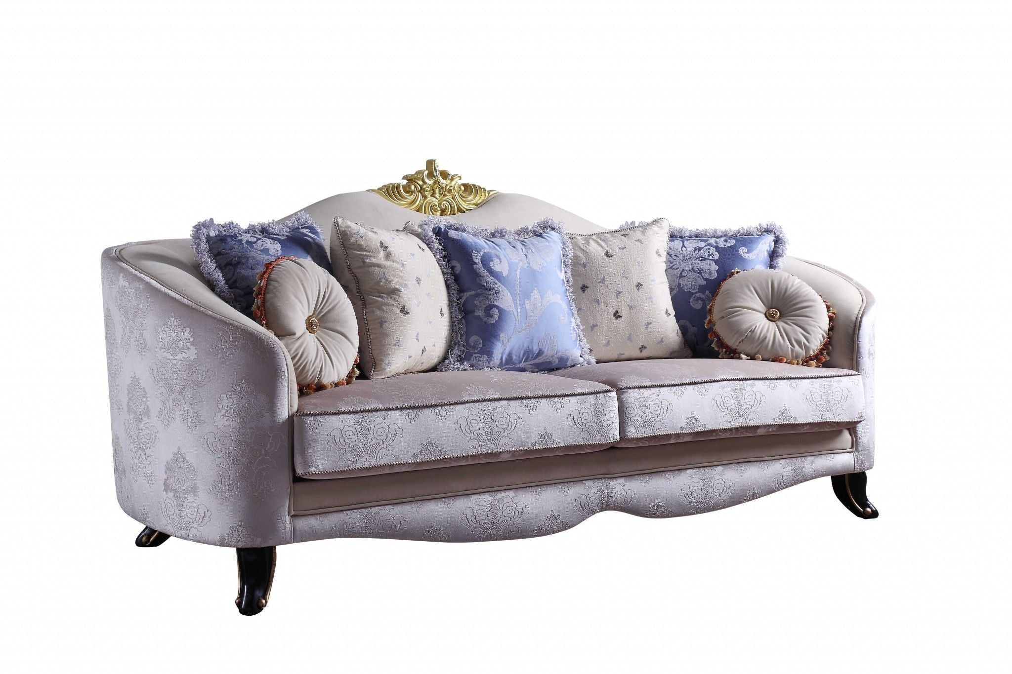 Velvet Curved Damask Sofa And Toss Pillows With Black Legs - Cream