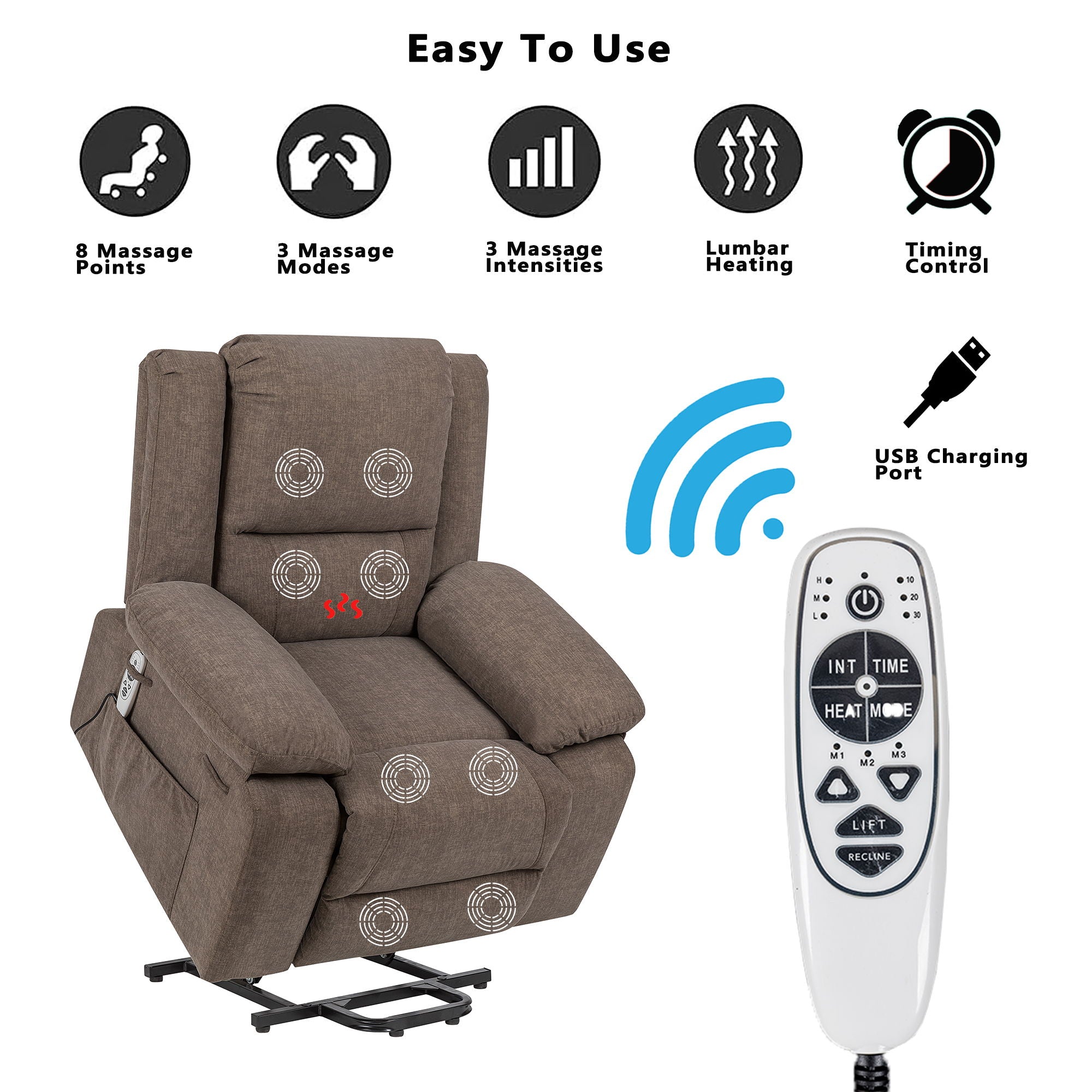 Electric Power Recliner Chair With Massage For Elderly, Remote Control Multi-Function Lifting, Timing, Cushion Heating Chair With Side Pocket