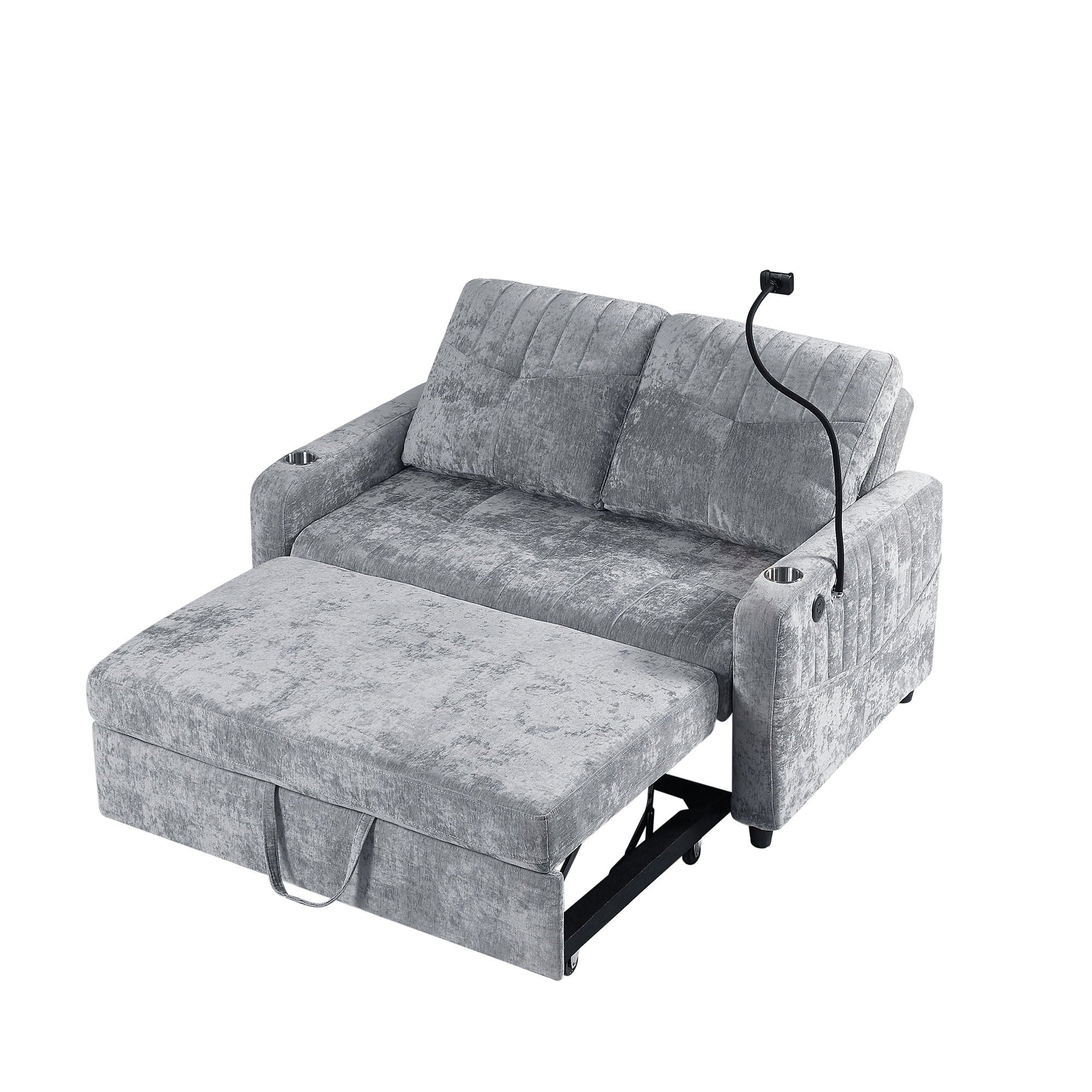 Modern Loveseat Pull Out Sofa Bed With Adjustable Backrest, Two Cup Holders, A Phone Holder, Three Charging Ports And Side Storage Pockets For Living Room