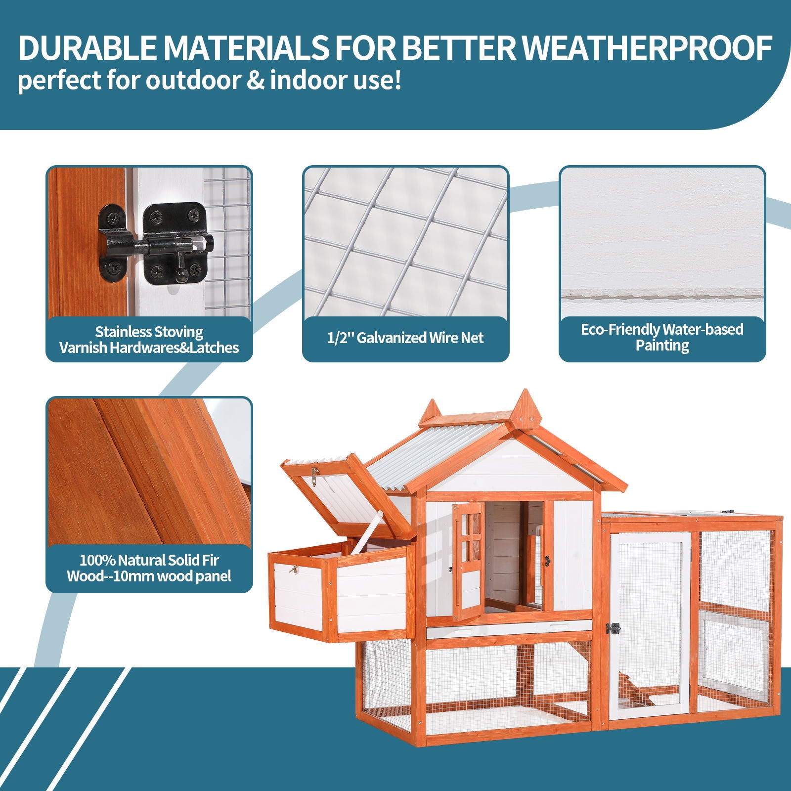 Weatherproof Outdoor Chicken Coop With Nesting Box, Hen House With Removable Bottom For Easy Cleaning, Poultry Cage, Rabbit Hutch, Wood Duck House - Brown / White