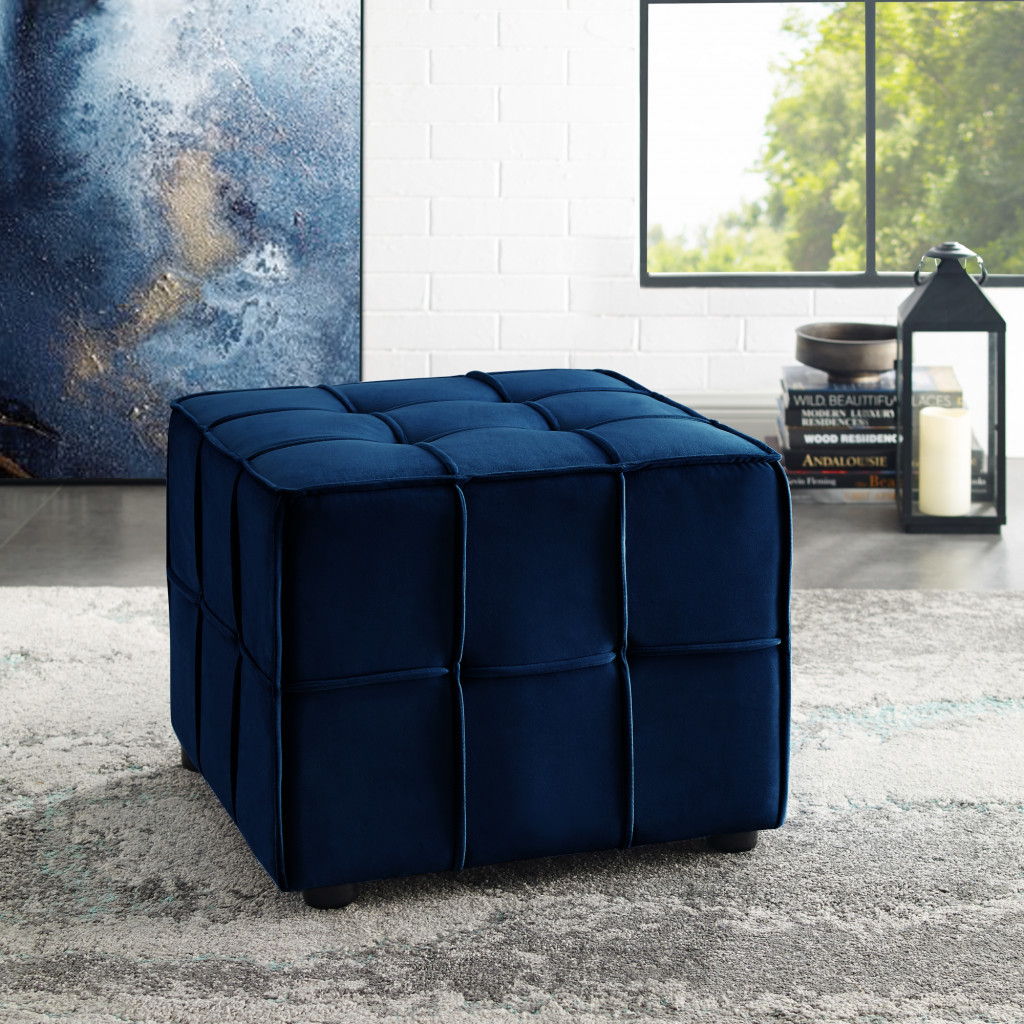 Cube Velvet Ottoman - Navy Blue / Black