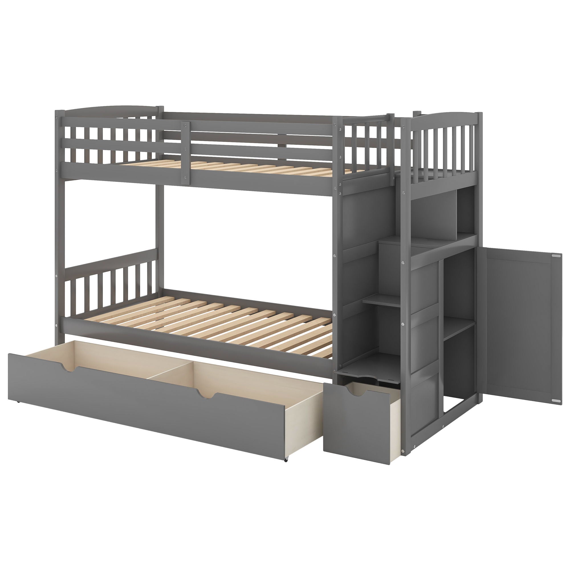 Bunk Bed, Convertible Bottom Bed, Storage Shelves And Drawers