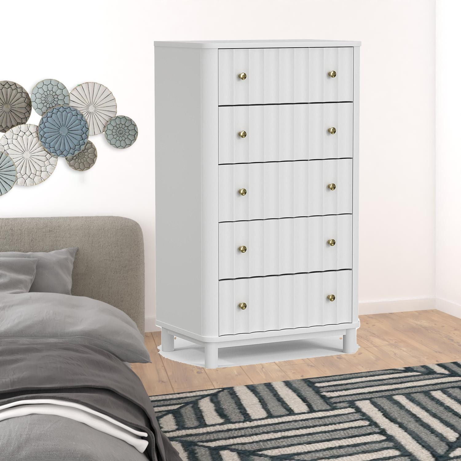 Solid Wood 5 Drawer Chest - White