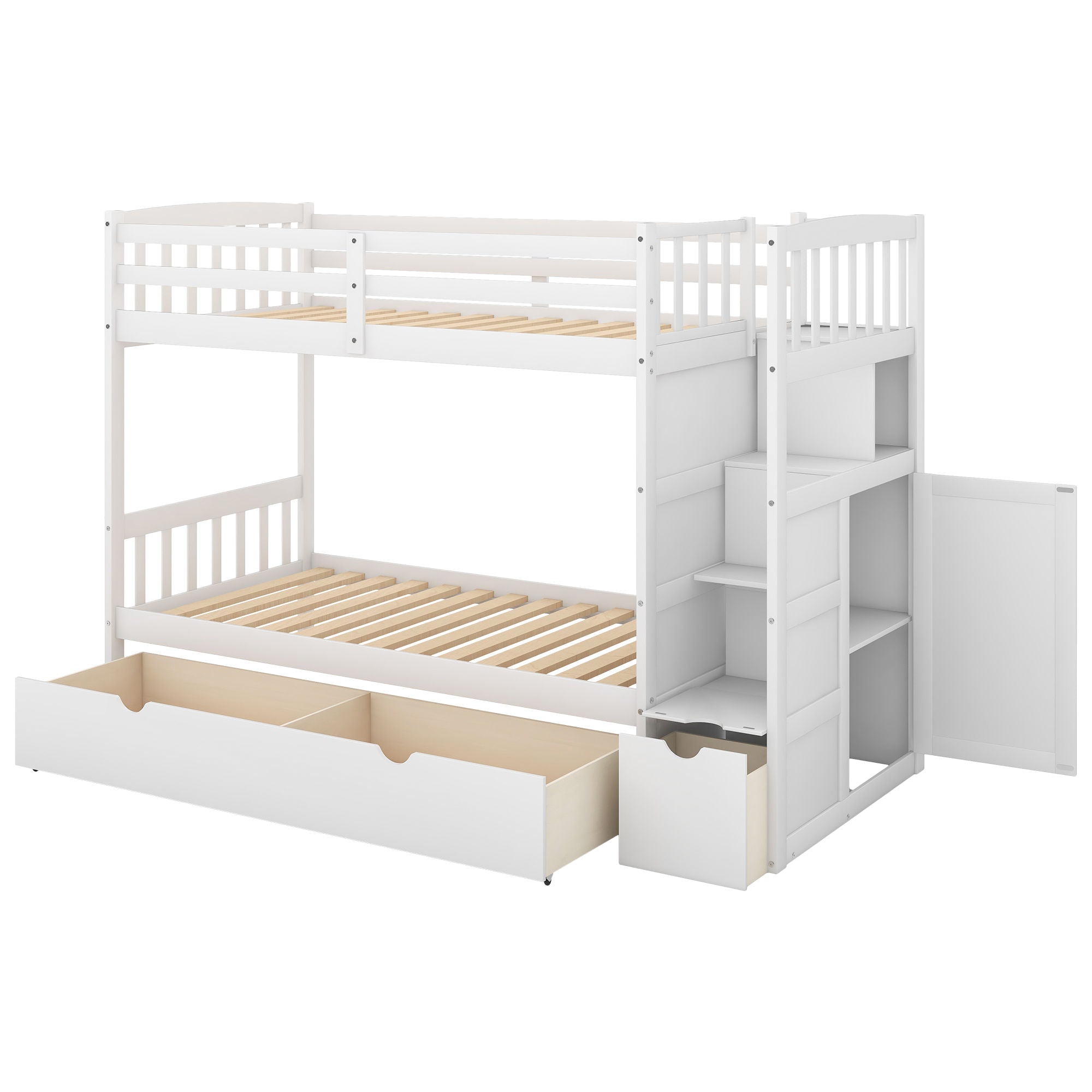 Bunk Bed, Convertible Bottom Bed, Storage Shelves And Drawers