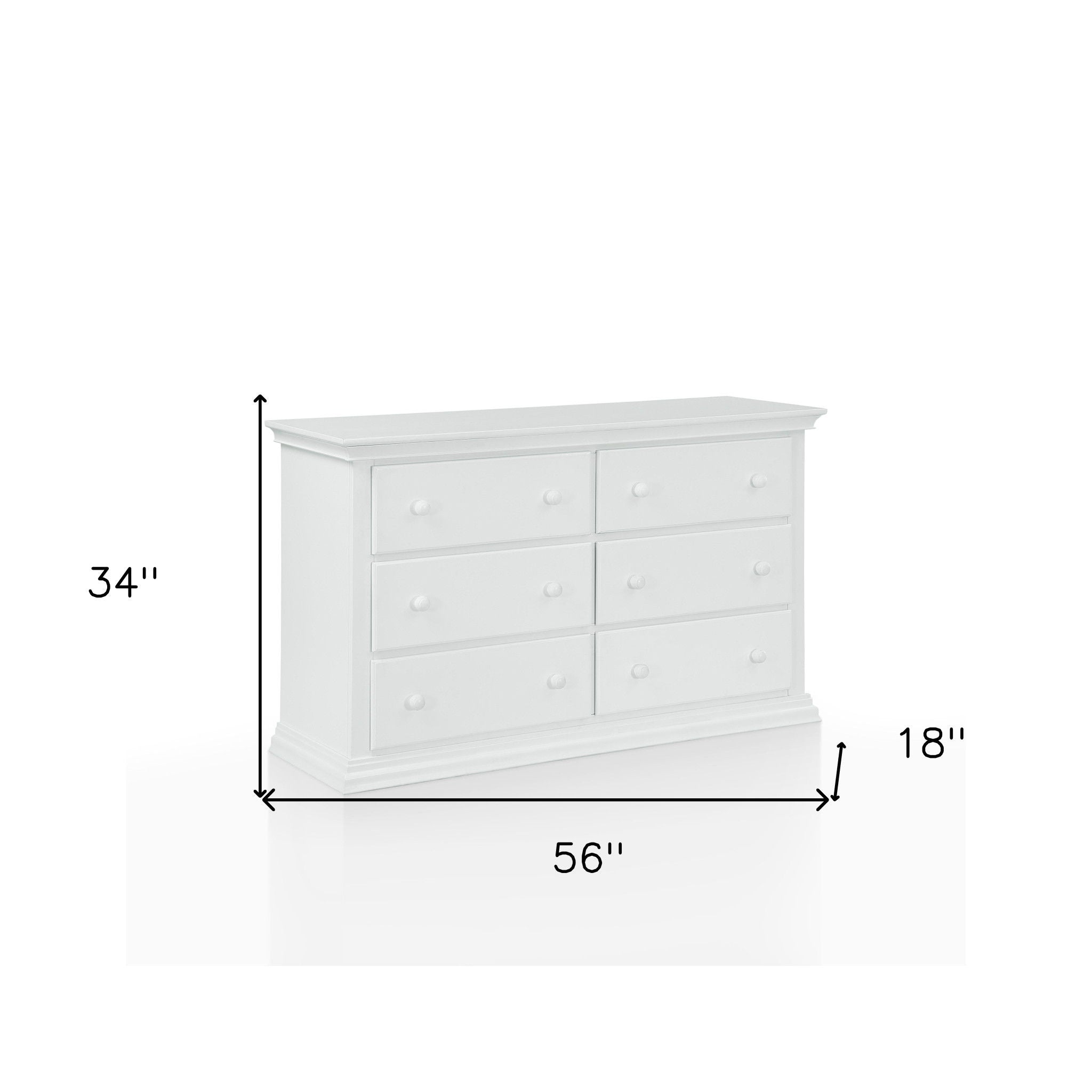 Solid Wood, Six Drawer Double Dresser - White