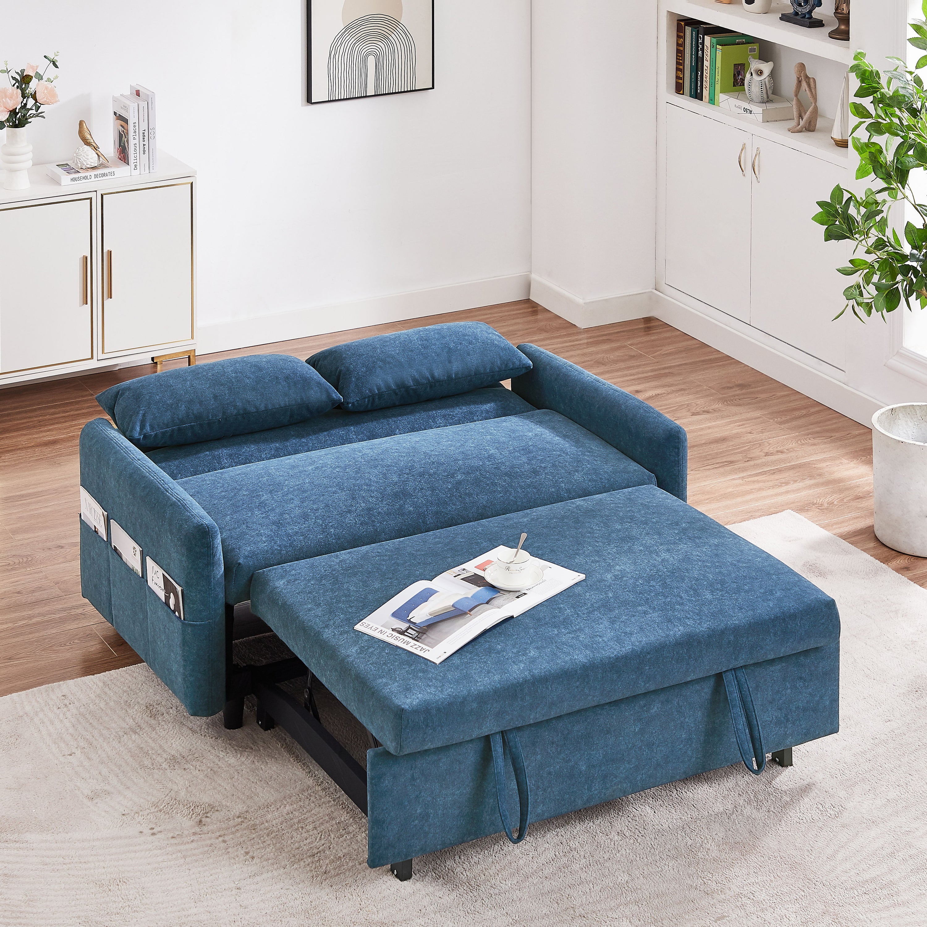 Pull Out Sleep Sofa Bed Loveseats Sofa Couch With Adjsutable Backrest, Storage Pockets, 2 Soft Pillows, USB Ports For Living Room