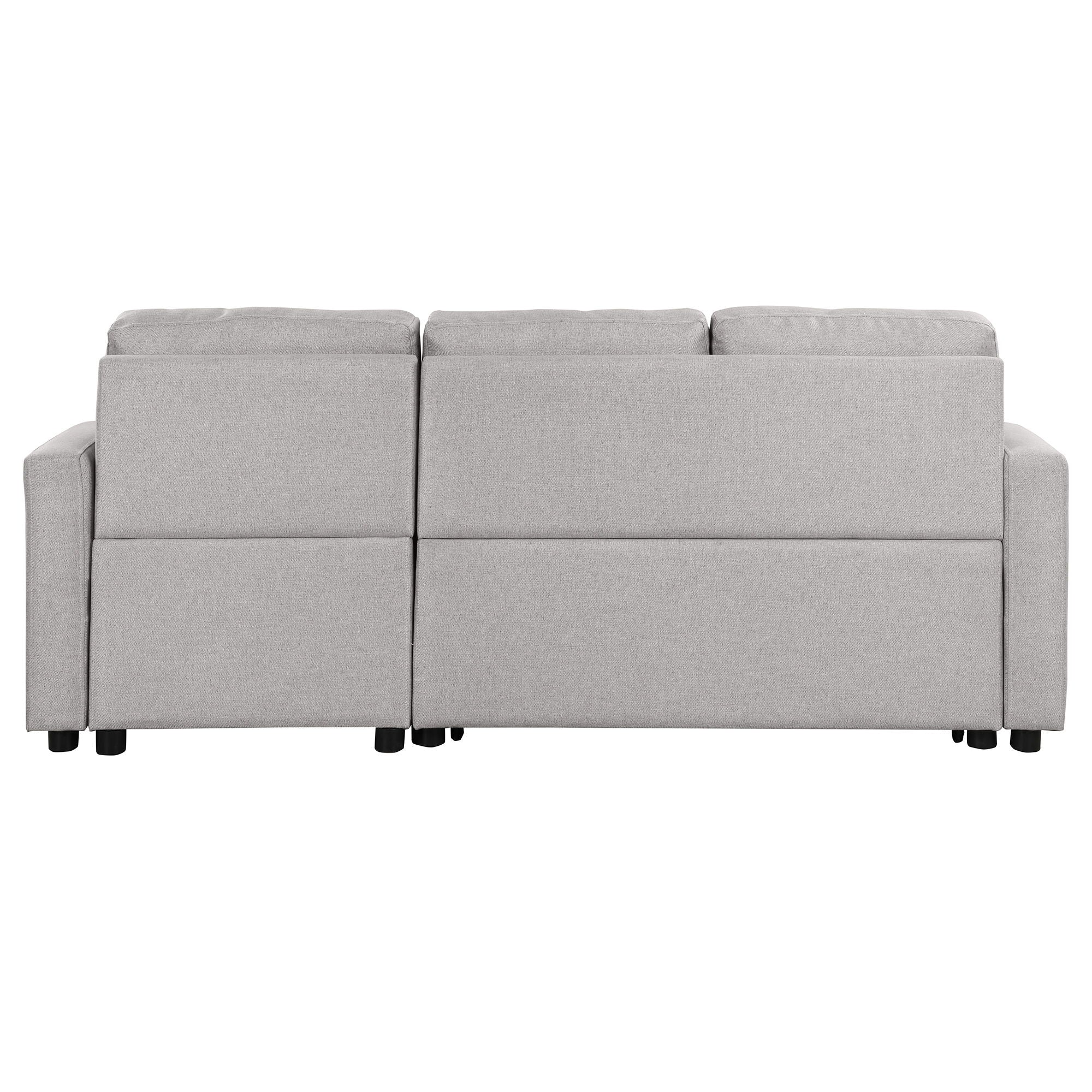 Pull Out Sofa Bed Modern Padded Upholstered Sofa Bed, Linen Fabric 3 Seater Couch With Storage Chaise And Cup Holder, Small Couch For Small Spaces