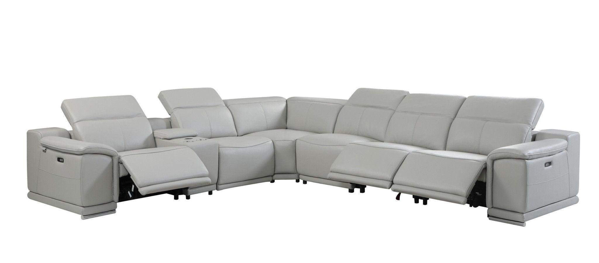 Italian Leather Power Reclining, U Shaped Seven Piece Corner Sectional With Console - Light Gray