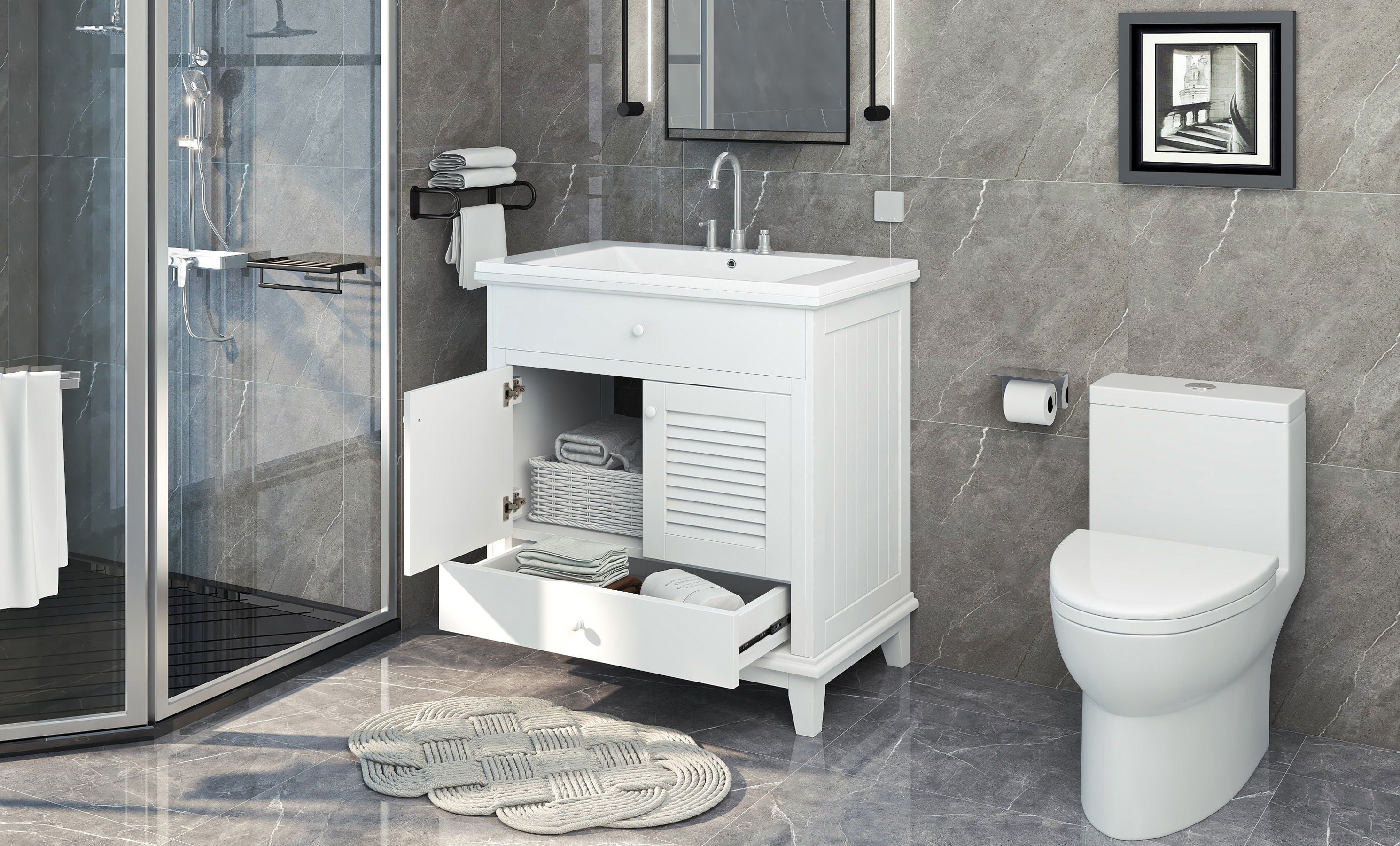 Bathroom Vanity With Sink, Bathroom Cabinet With Two Doors And One Drawer, White