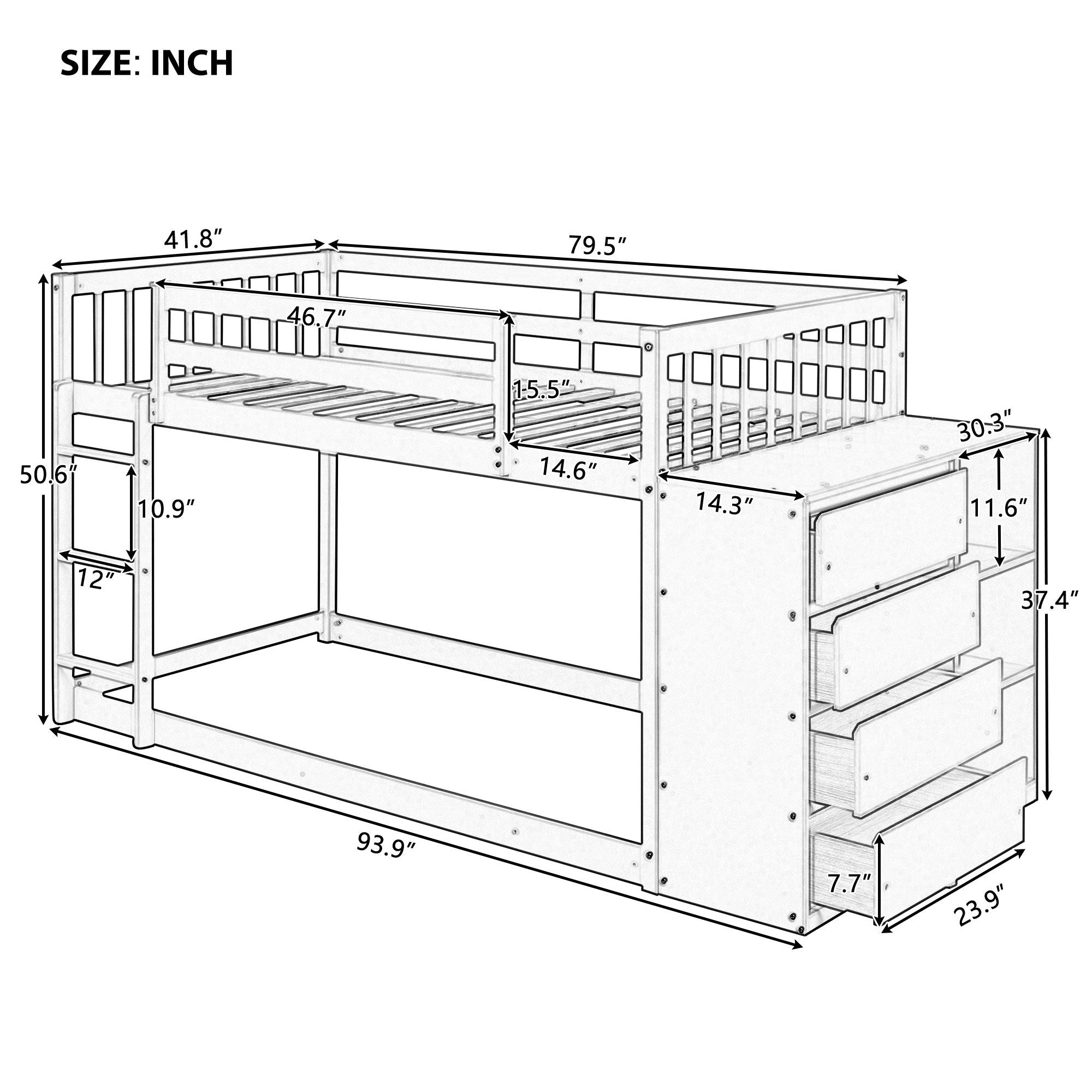 Twin Over Twin Bunk Bed With 4 Drawers And 3 Shelves