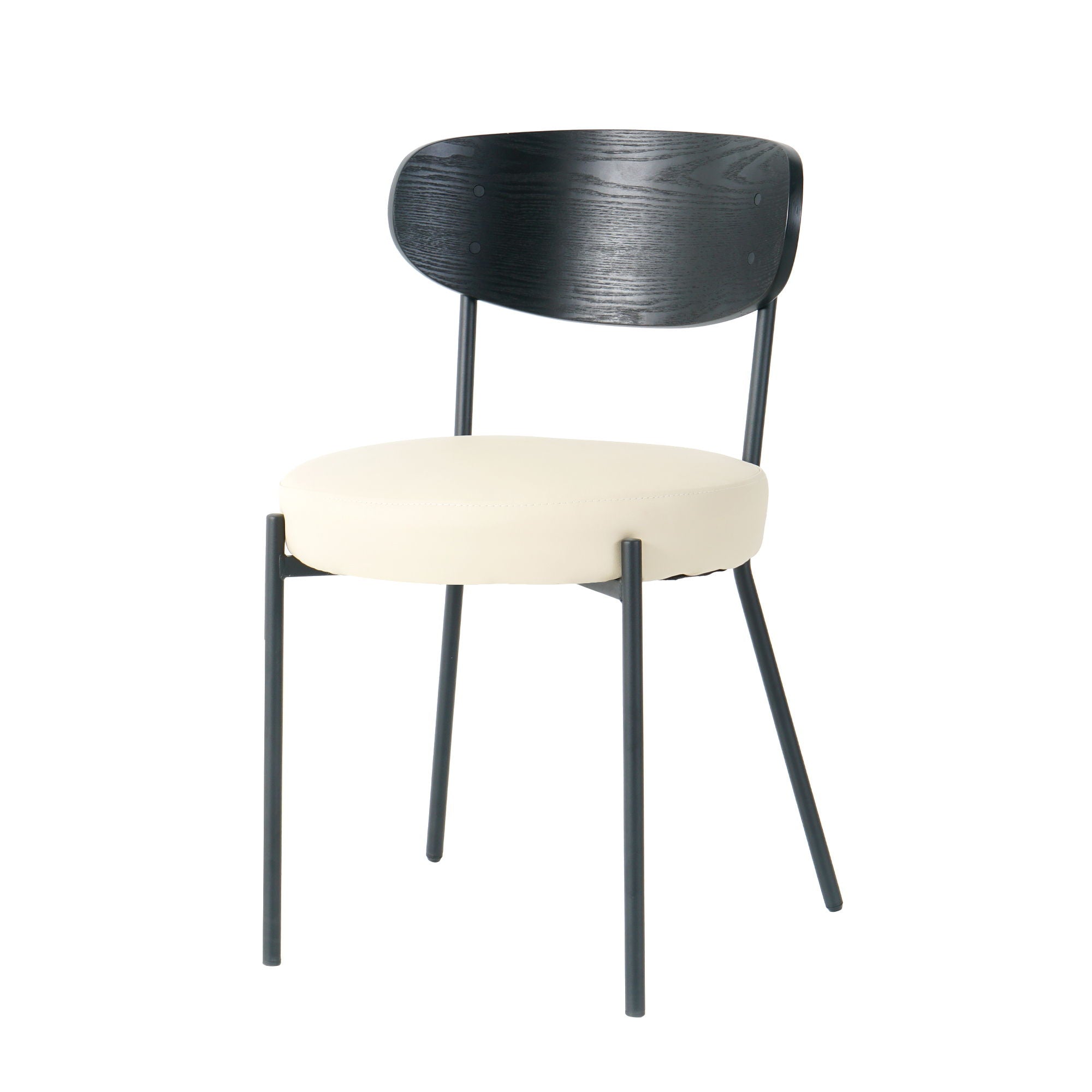 Modern Gray Simple PU Dining Chair Upholstered Chair Family Bedroom Stool Back Dressing, Black Round Table Set, Bentwood Covered With Ash Veneer Chair Back, Chair Metal Legs