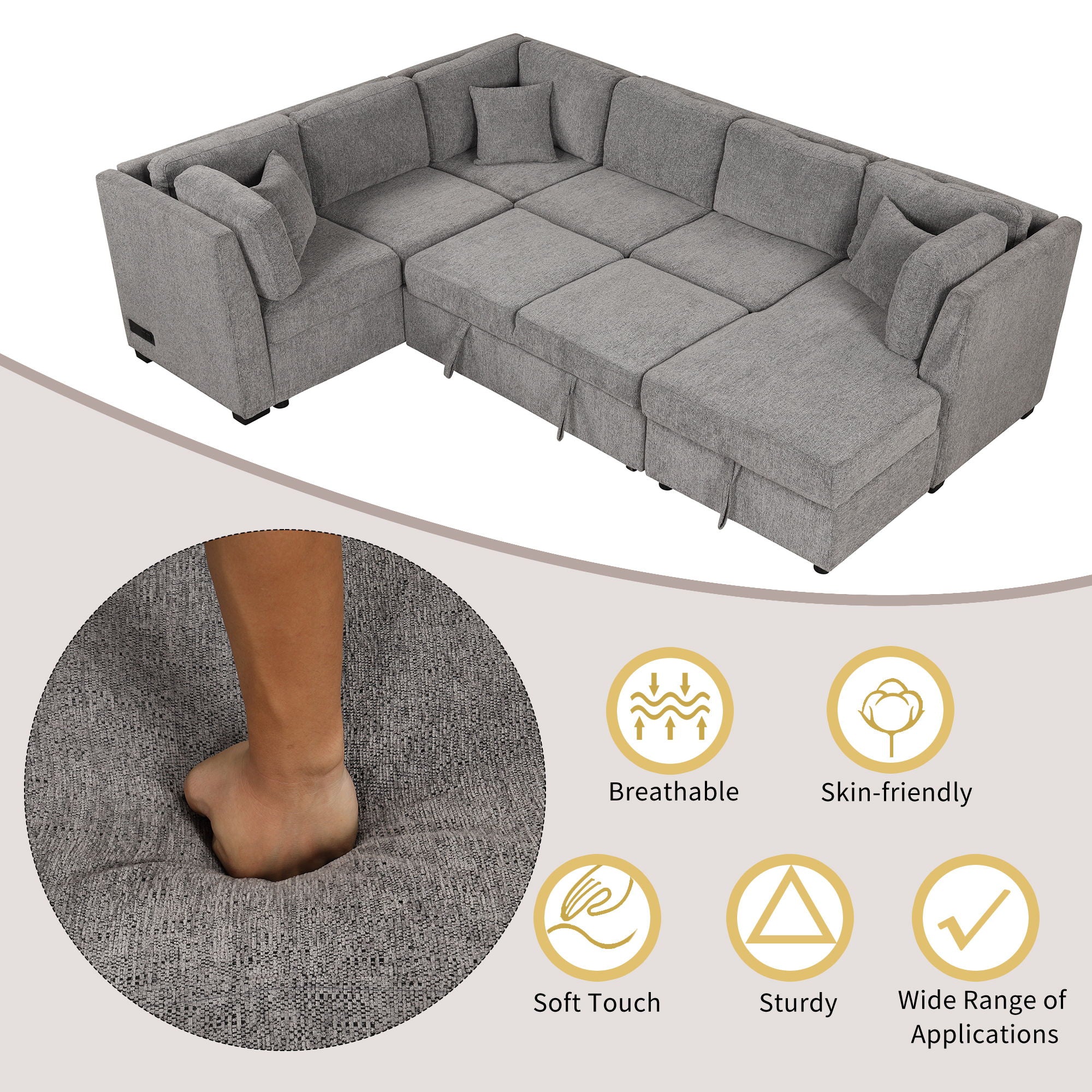 U-Shaped Sectional Sofa Pull Out Sofa Bed With Two USB Ports, Two Power Sockets, Three Back Pillows And A Storage Chaise For Living Room