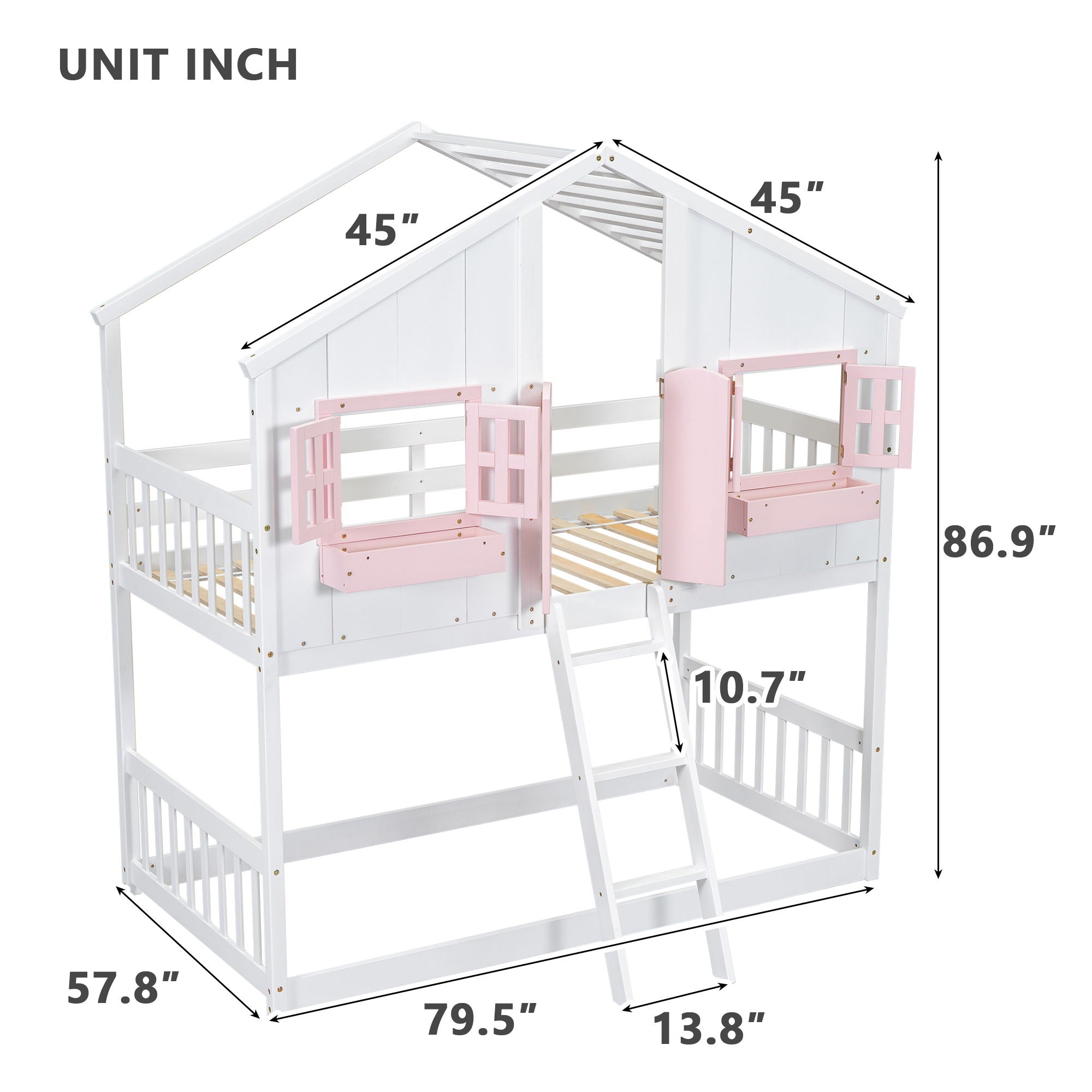 House Bunk Bed With Roof, Window, Window Box, Door, With Safety Guardrails And Ladder