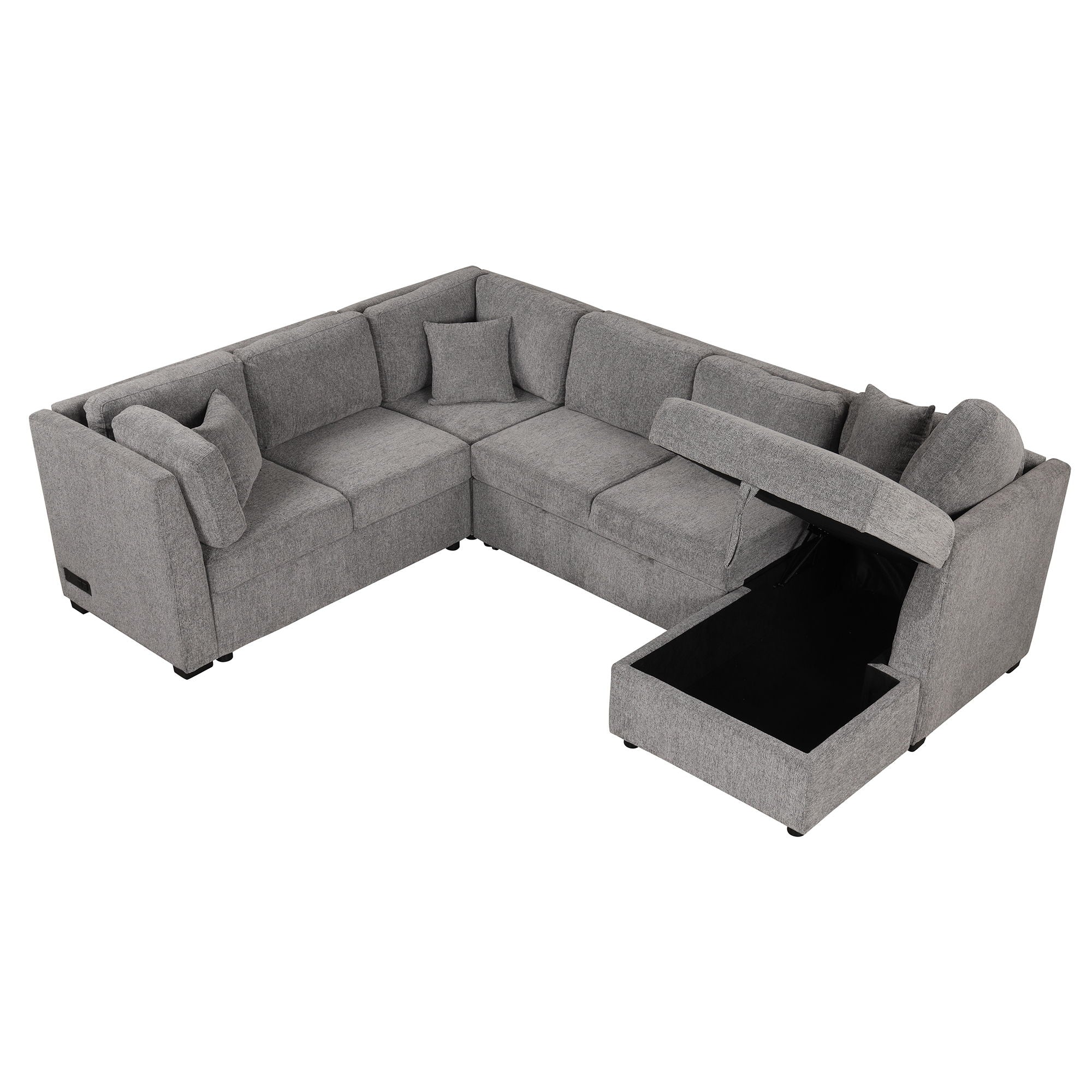 U-Shaped Sectional Sofa Pull Out Sofa Bed With Two USB Ports, Two Power Sockets, Three Back Pillows And A Storage Chaise For Living Room