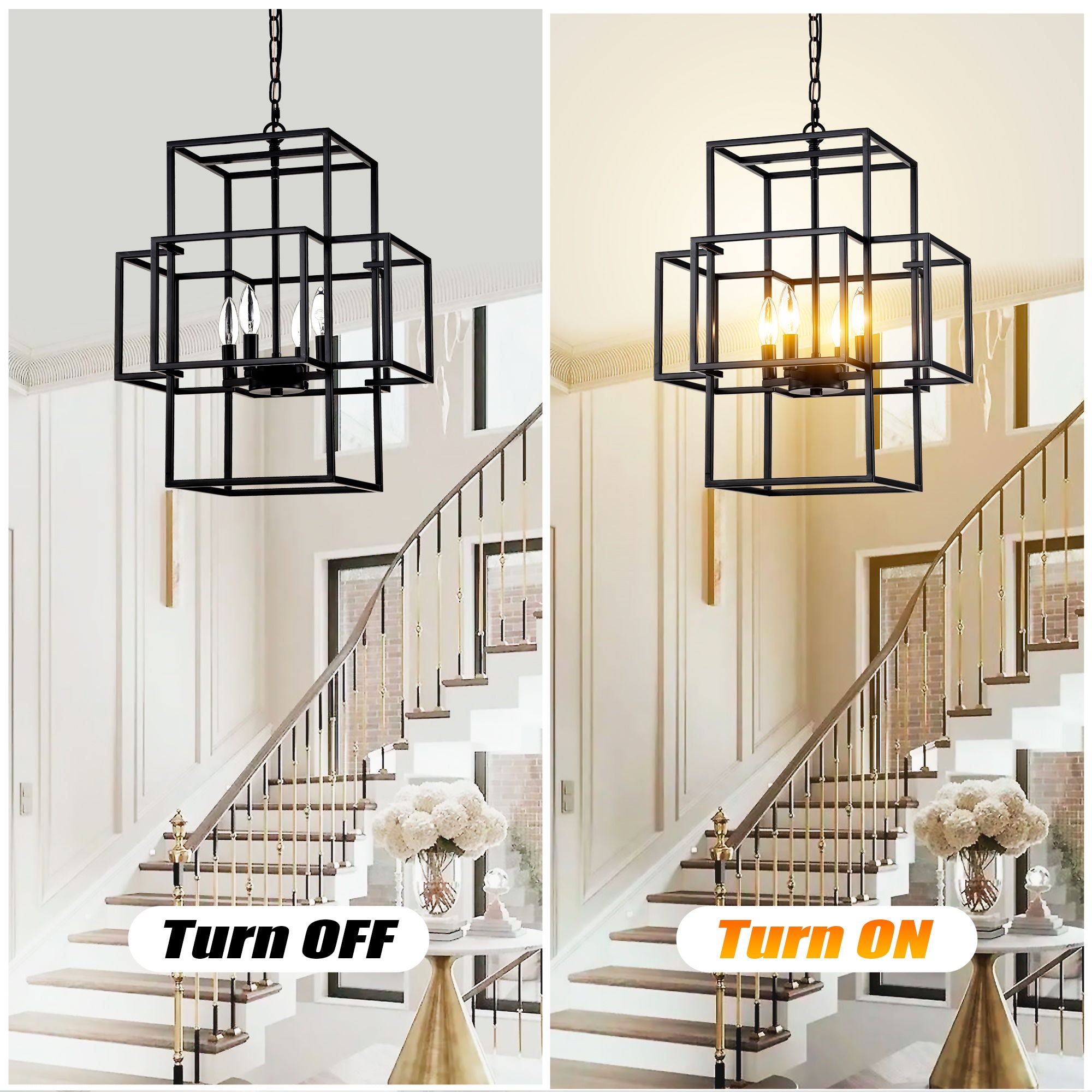 4 Light Metal Lantern Tiered Pendant Hanging Light Fixtures, Industrial Farmhouse Adjustable Height Chandeliers For Dining Room Hallway Foyer Entryway (E12 Bulbs Not Included)