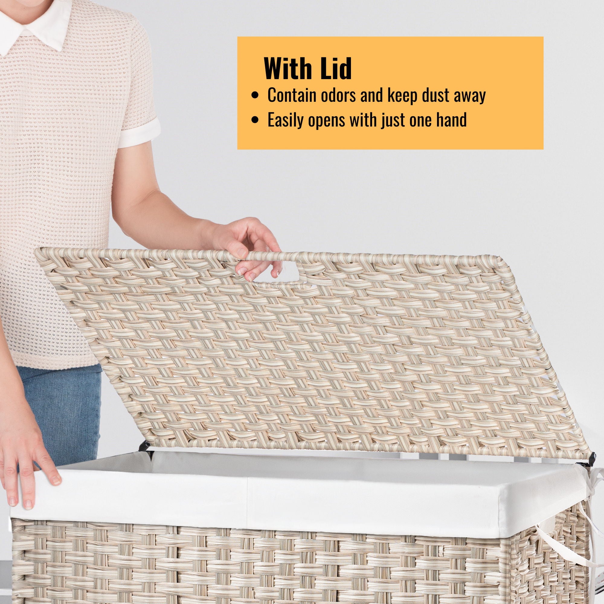 Laundry Hamper With Lid PE Rattan Powder Coating Frame Clothes Hampers With 2 Removable Bags