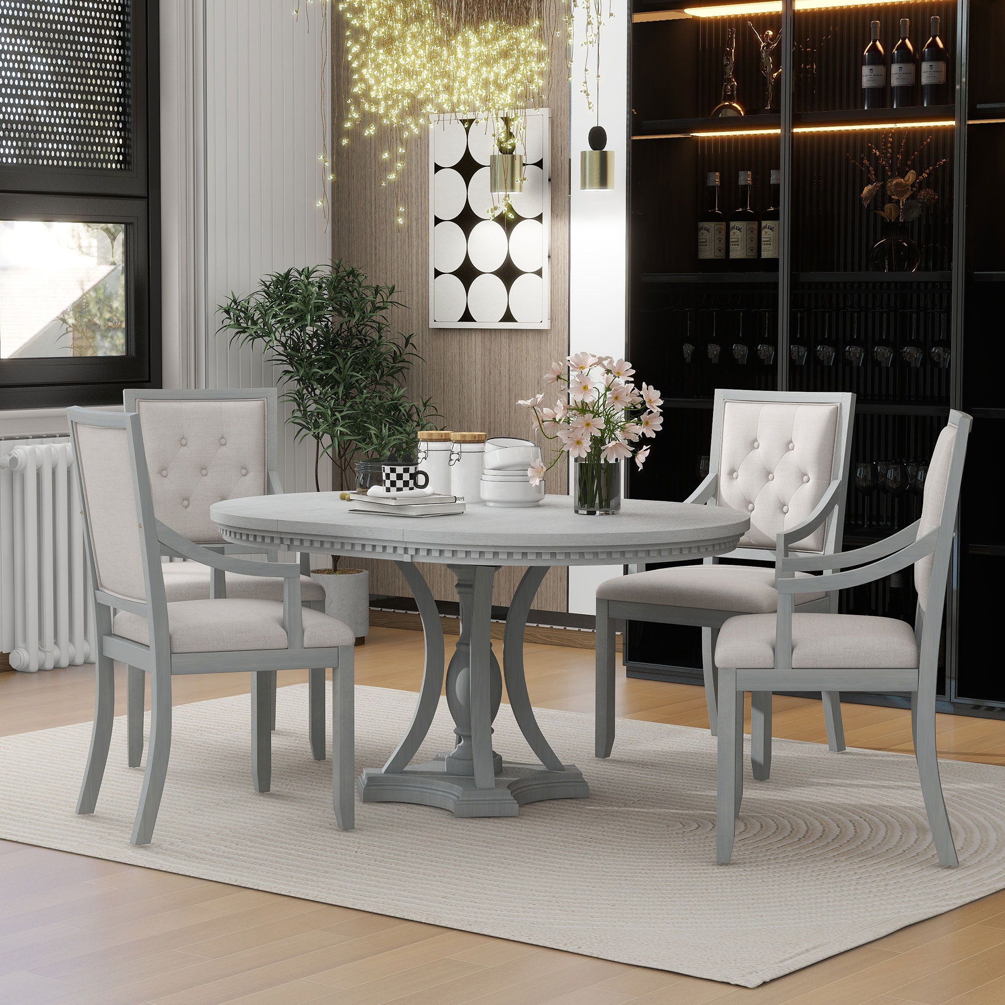 Dining Set Retro Extendable Round Table And Chairs For Kitchen Dining Room