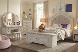 Magnolia 7-Piece Farmhouse Storage Bedroom Set with Vanity Set & Nightstand – Savanna White
