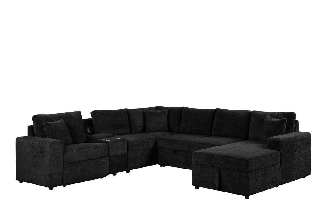 Hunter Black Fabric Sleeper Sectional with Recliner, Storage Chaise & Bluetooth Speakers