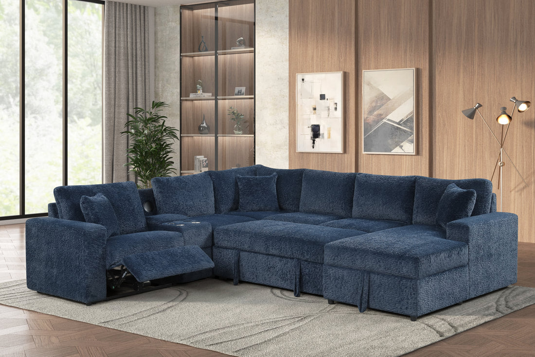 Hunter Blue Sleeper Sectional Sofa with Pull‑Out Bed, Storage Chaise, and LAF Recliner