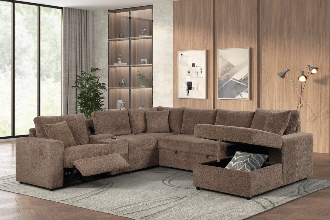 Hunter Mocha Fabric Sleeper Sectional with Recliner, Storage Chaise & Bluetooth Speakers