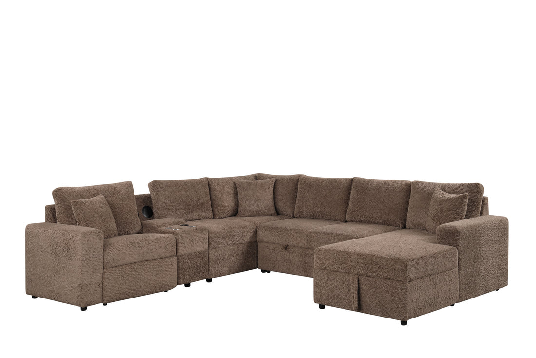 Hunter Mocha Fabric Sleeper Sectional with Recliner, Storage Chaise & Bluetooth Speakers