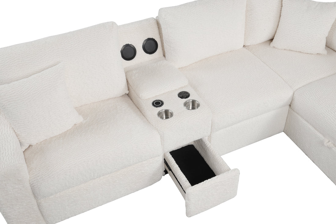 Hunter White Fabric Sleeper Sectional with Recliner, Storage Chaise & Bluetooth Speakers