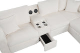 Hunter White Fabric Sleeper Sectional with Recliner, Storage Chaise & Bluetooth Speakers