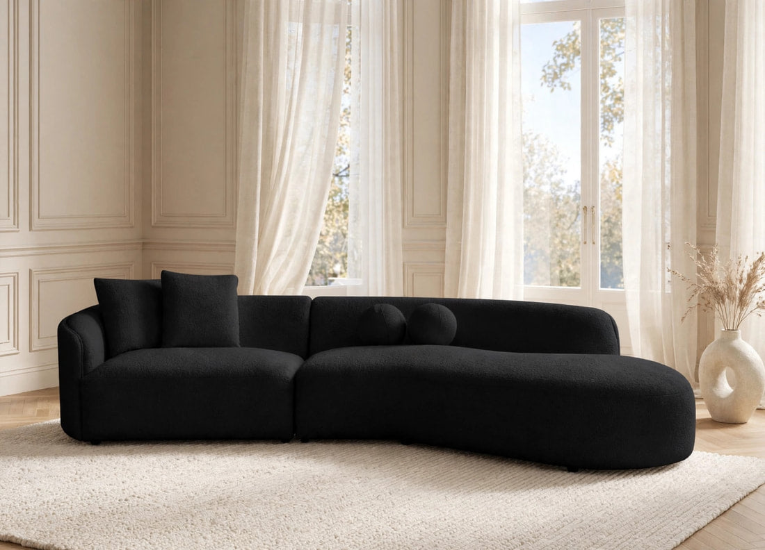 Modern Black Bouclé Curved Sectional Sofa with Chaise