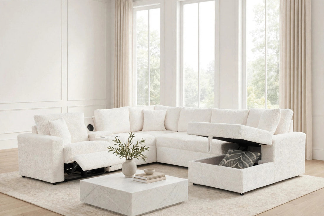 Hunter White Fabric Sleeper Sectional with Recliner, Storage Chaise & Bluetooth Speakers