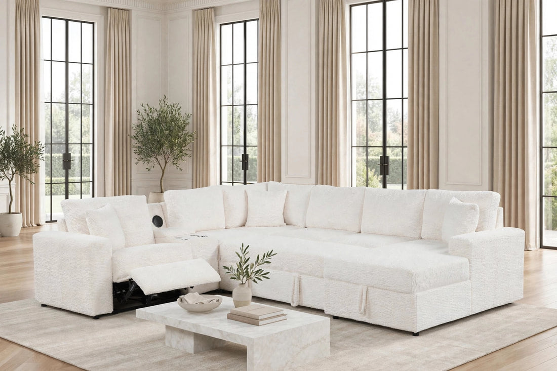 Hunter White Fabric Sleeper Sectional with Recliner, Storage Chaise & Bluetooth Speakers