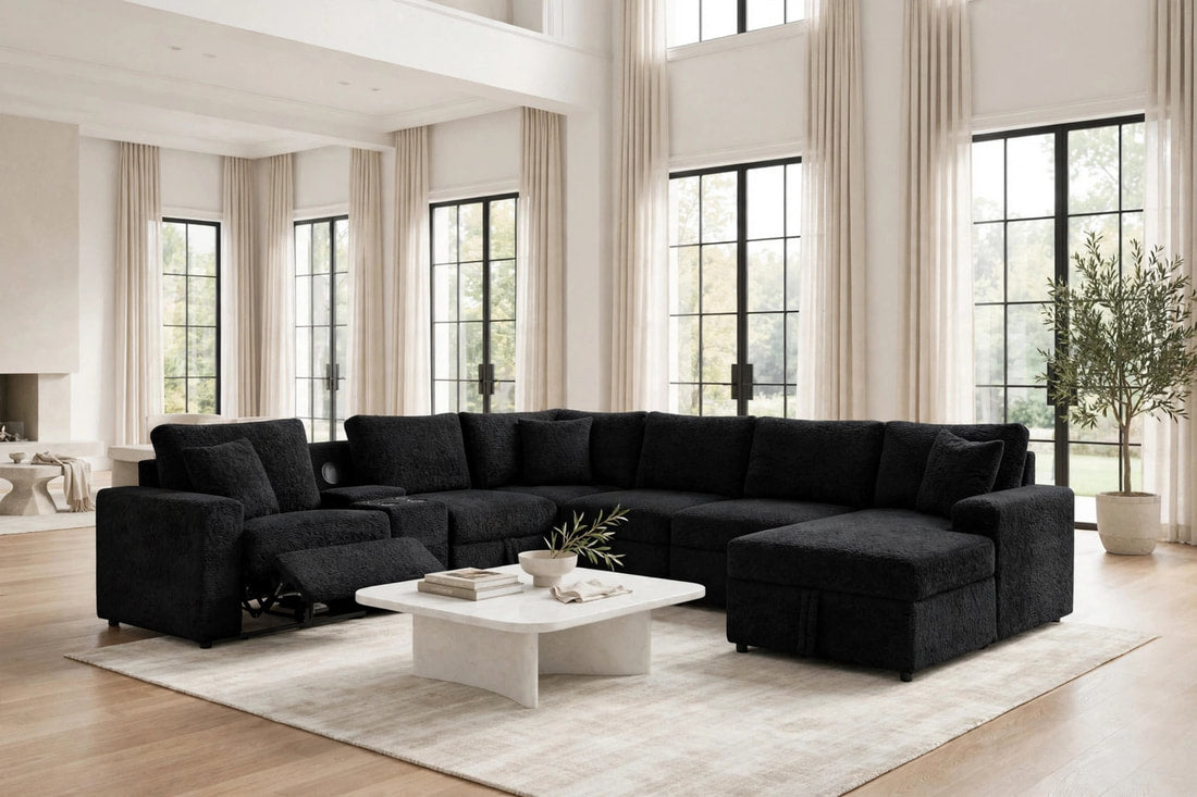 Hunter Black Fabric Sleeper Sectional with Recliner, Storage Chaise & Bluetooth Speakers