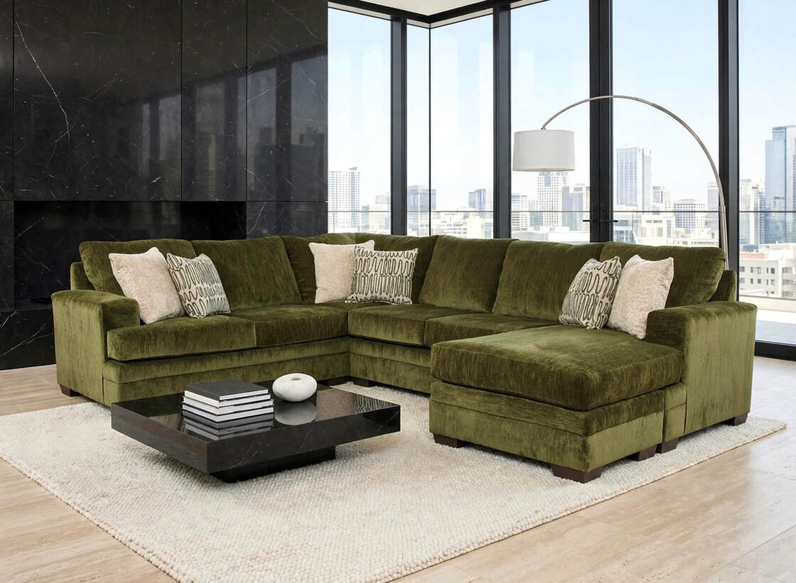 Olive Green 3-Piece Sectional Sofa with Chaise, Track Arms & Accent Pillows