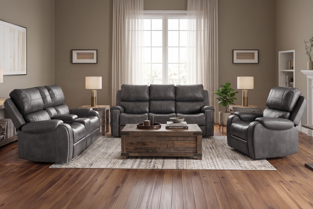 Contemporary Gray 3-Piece Power Reclining Living Room Set with Console & Cup Holders