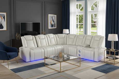Modern Contemporary Cream Power Reclining Sectional w/ Power Headrests, LED, Wireless + USB Charging, Storage & Bluetooth…