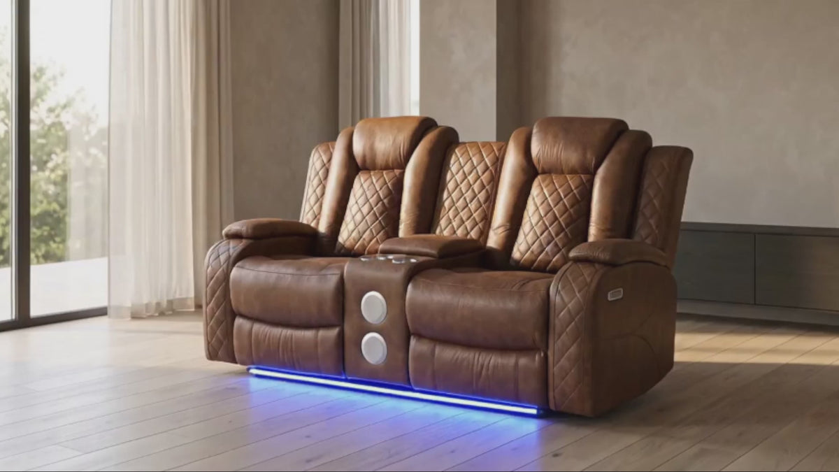 Tan 3-Piece Power Reclining Living Room Set with Power Headrests, Drop-Down Table & Wireless Charging