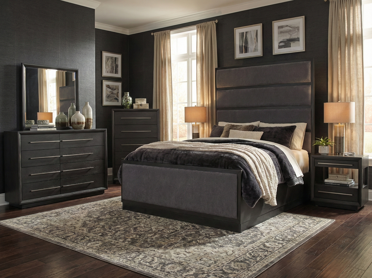 Modern bedroom with dark wood furniture, including a bed, dressers, and nightstands.