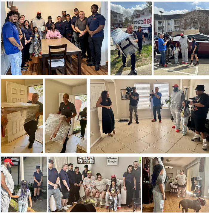 Collage of people in various settings, including a home, outdoors, and indoors.