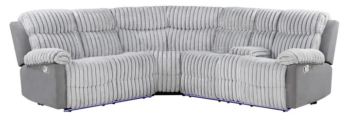 Gray sectional sofa with reclining seats on a white background