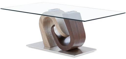 Modern coffee table with a glass top and wooden base on a white background