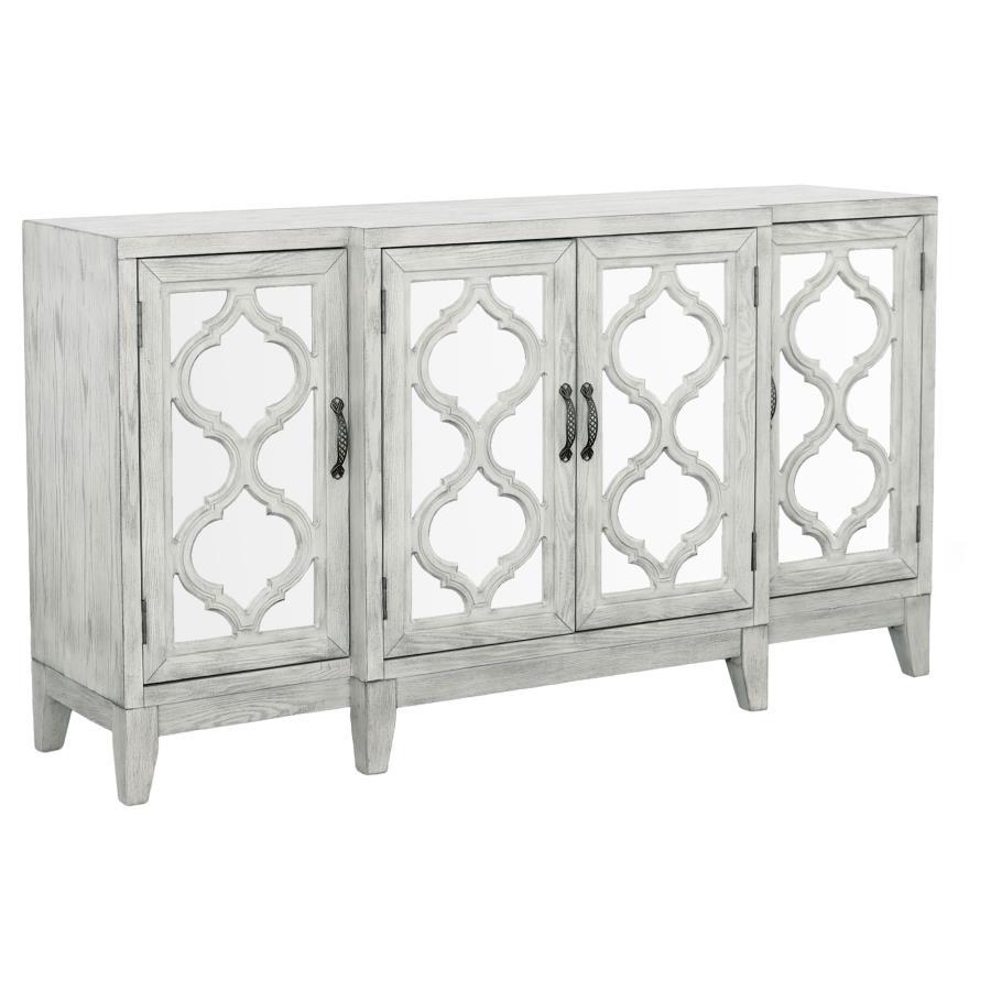 Mckellen - 4 Door Wood Trellis Accent Cabinet - Distressed White