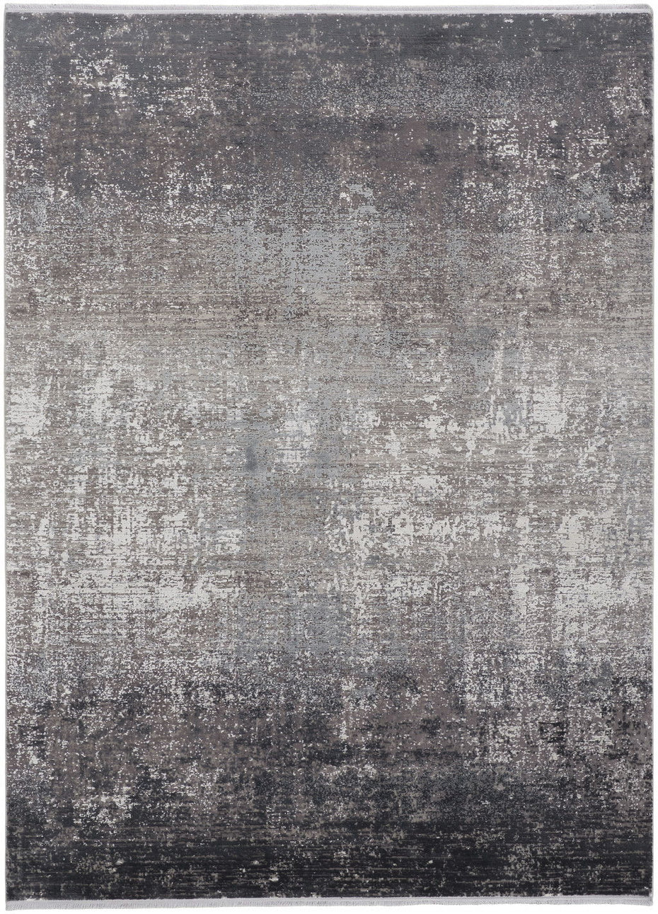 Abstract Power Loom Distressed Area Rug With Fringe - Gray Black And Silver - 5' X 8'