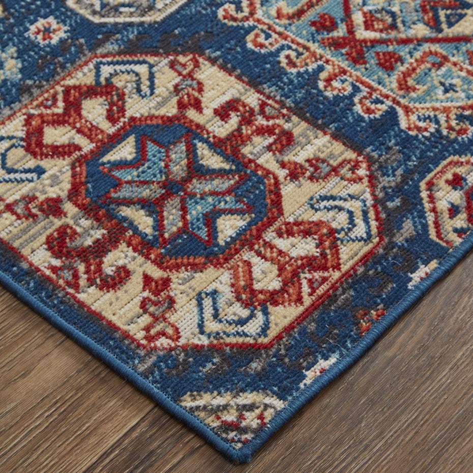 Abstract Power Loom Distressed Stain Resistant Area Rug - Blue Red And Tan - 2' X 3'