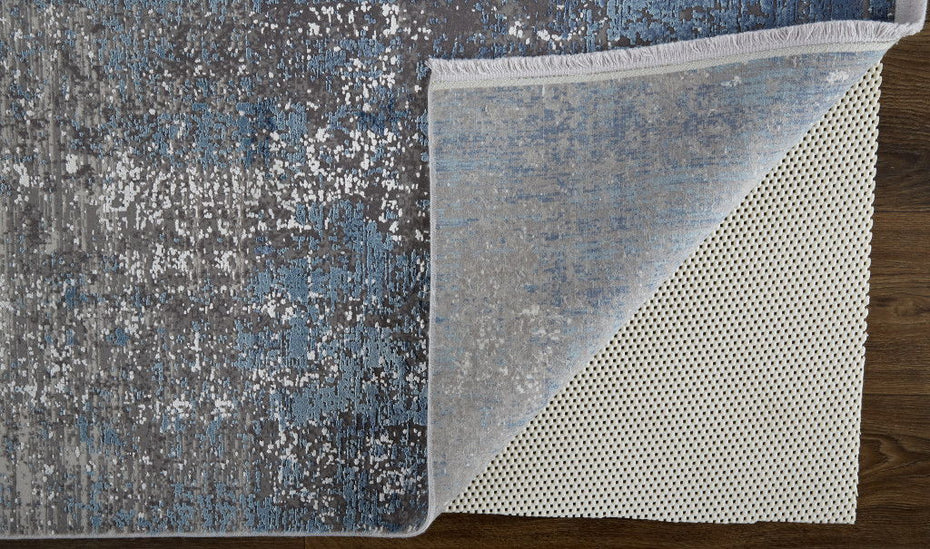 Abstract Power Loom Distressed Area Rug With Fringe - Blue Gray And Silver - 8' X 11'
