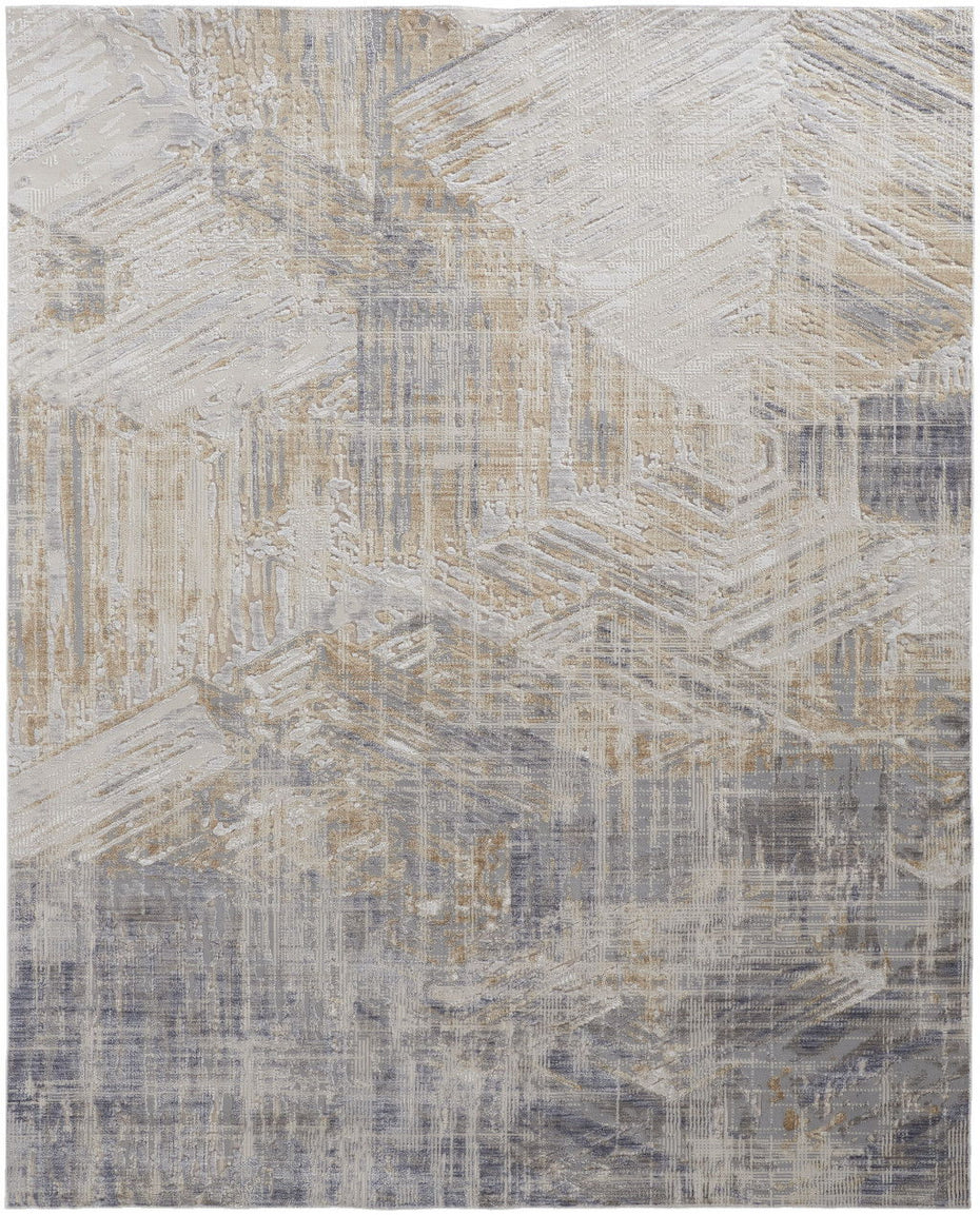 Abstract Power Loom Distressed Area Rug - Tan Ivory And Gray - 10' X 13'