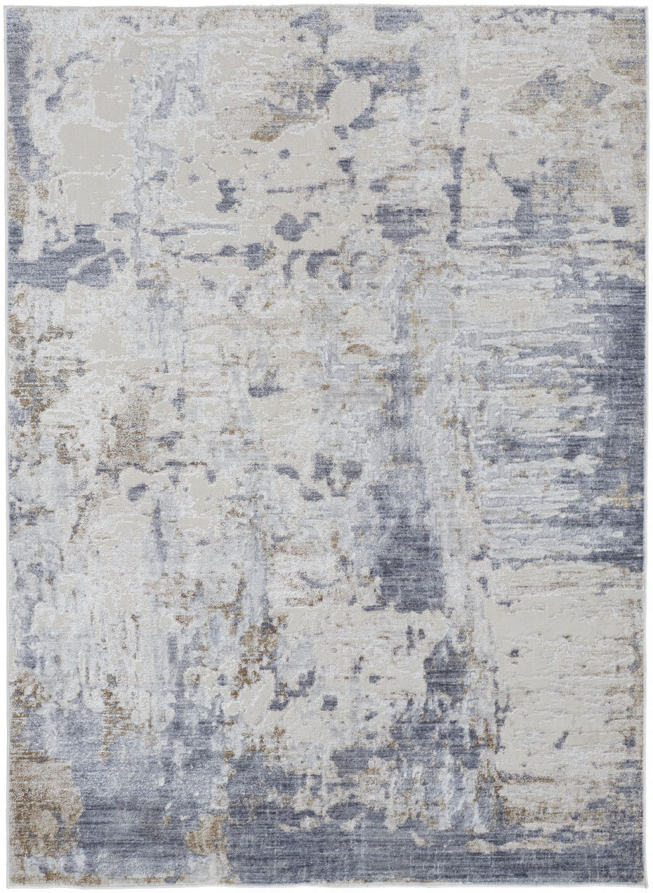 Abstract Power Loom Distressed Area Rug - Ivory Gray And Blue - 4' X 6'
