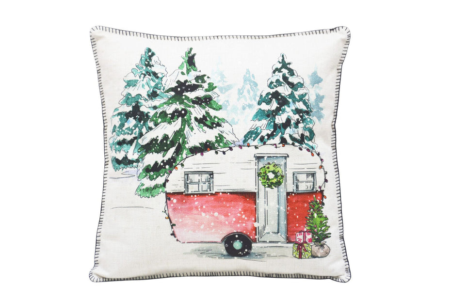 18"Lx18"D Snowy Christmas Camper Throw Pillow - Green And White