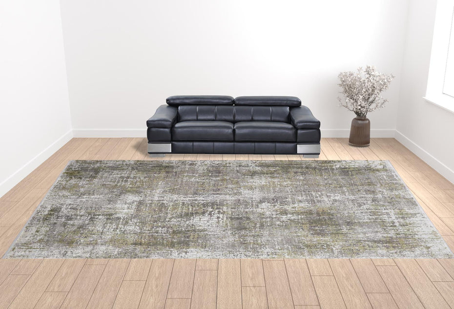 Abstract Power Loom Distressed Area Rug - Green Gray And Ivory