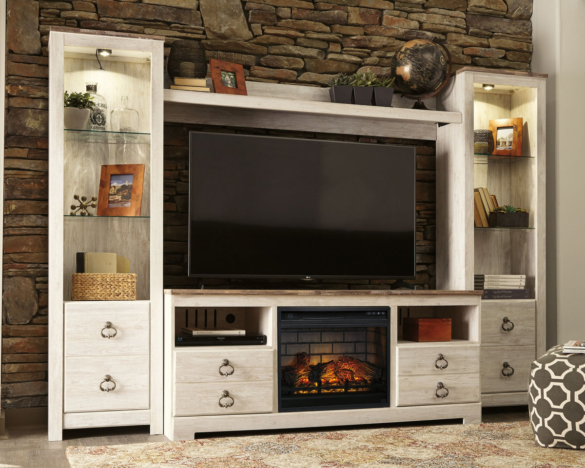 Willowton - Whitewash - Entertainment Center - TV Stand With Faux Firebrick Fireplace Insert by Signature Design by Ashley® | Bel Furniture