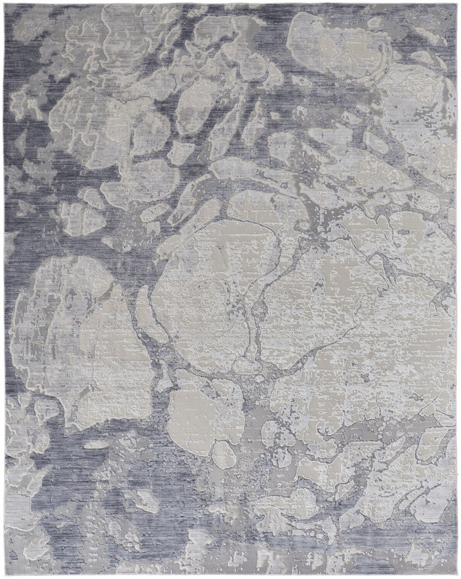 Abstract Power Loom Distressed Area Rug - Ivory And Blue - 10' X 13'